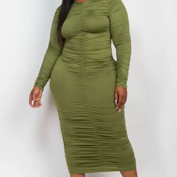 Ruched Long Sleeve Midi Dress - Picture 2 of 5